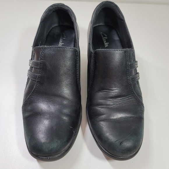 Clark's Bendables Womens Size 8.5 Black Leather Heeled Slip On Casual Dress Shoe - Picture 2 of 14